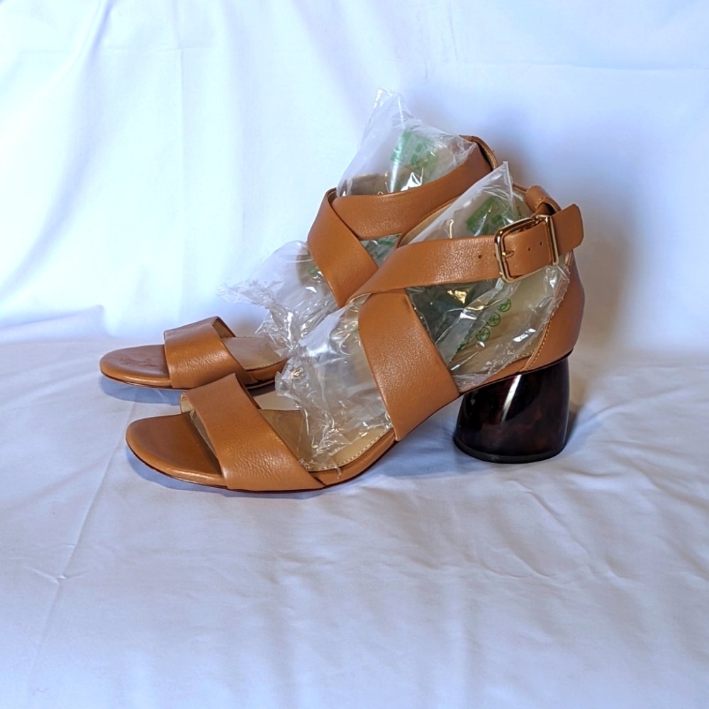 Tan Sandal Heels with Tortoise shell round heel.